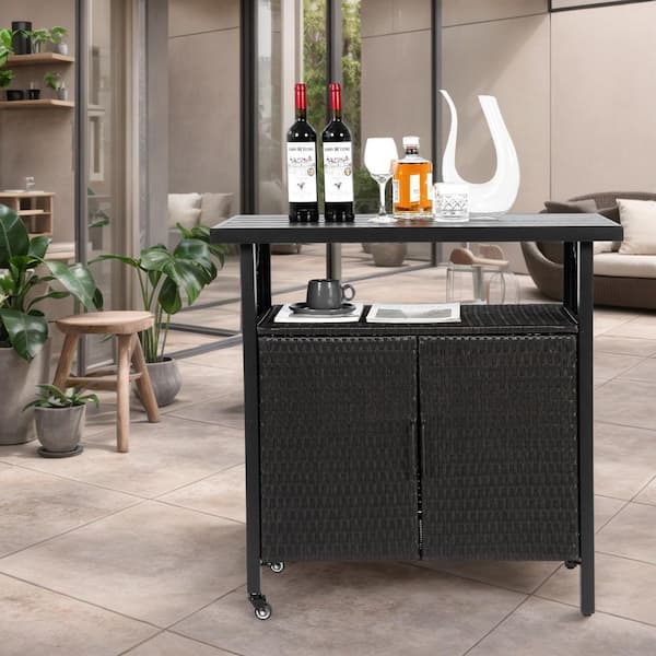 Unbranded Black Wicker Outdoor Bar Cart with Rolling Wheels Patio Bar Table Outdoor Storage Cabinet Buffet Cabinet Grill Cart