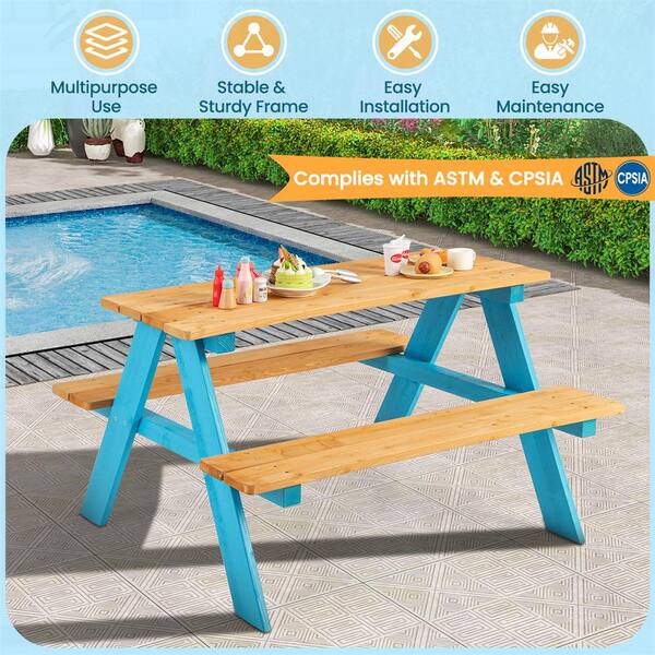 Teamson Kids Wooden Picnic Table With Benches - Outdoor Children's Table Set In Brown/Aqua