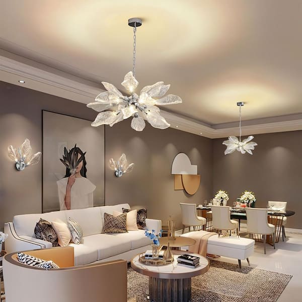 D31.5 in. 18-Light Silver Modern Chandelier, Crystal Leaf Chandelier for Bedroom, Dining Room, Living Room, Foyer