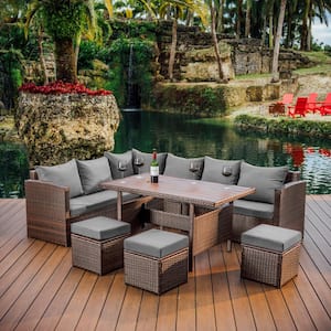 7-Piece Brown Wicker Patio Outdoor Dining Sofa Set, Sectional, Dining Table with Grey Cushions