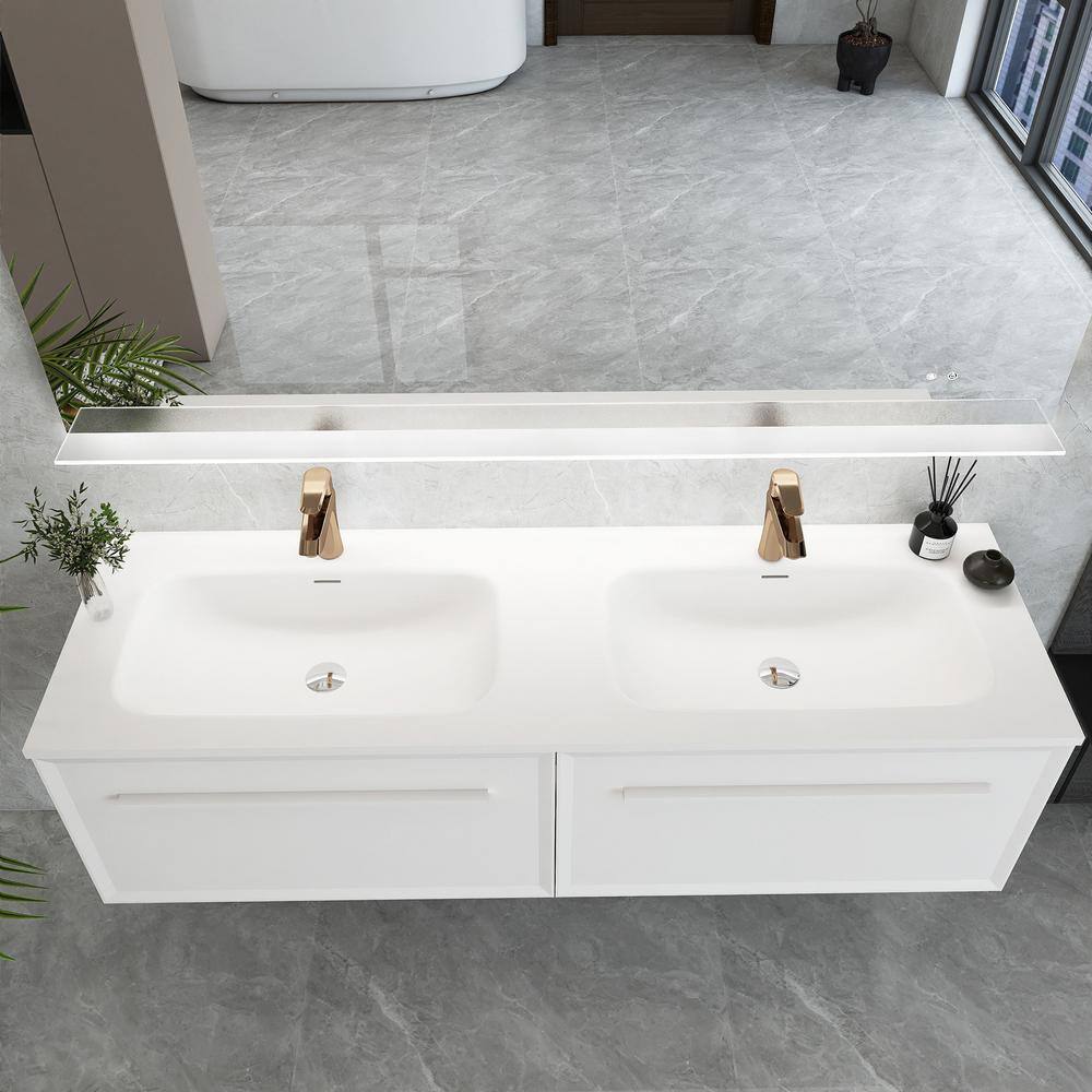 60 in. White Double Sink Wall-Mounted Bath Vanity with Solid Surface Top