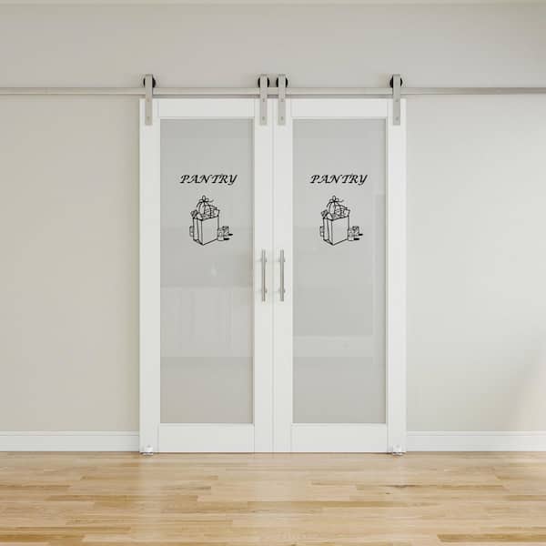 60 in. x 96 in. 1 Lite Tempered Frosted Glass White MDF Sliding Barn Door with Hardware Kit Nickel and Pantry Sticker