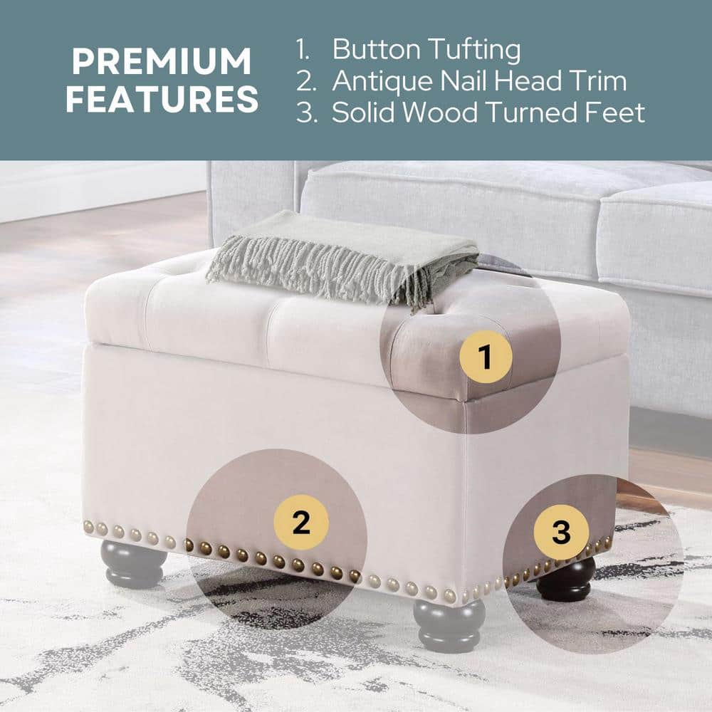 Elegant Taupe Velvet Tufted Storage Ottoman with Antique Nailhead Trim