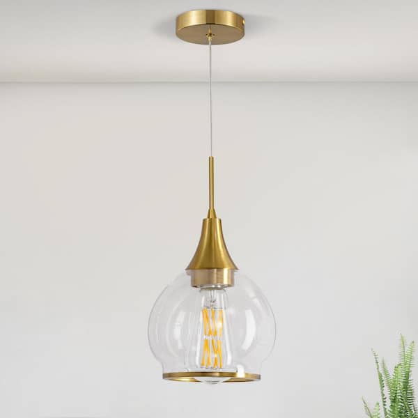 60-Watt 1 Light Gold Pendant Light with Globe Glass Shade Hanging Light Fixture For Kitchen Island, No Bulbs Included