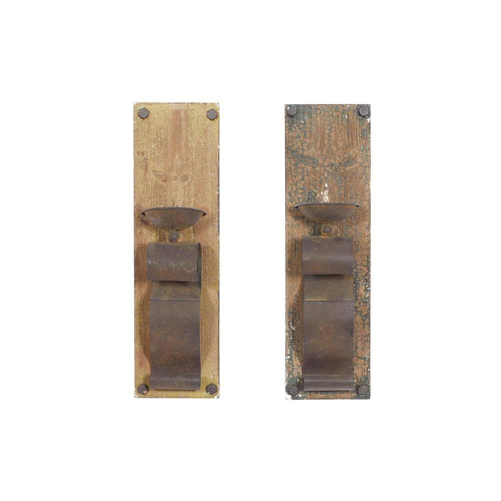 Rustic Distressed Wood & Metal Geometric Wall Sconce, Set of 2