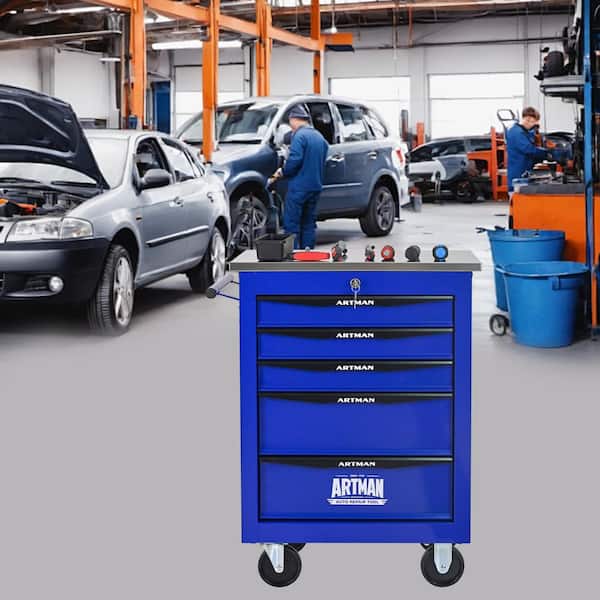 5-Drawer 13.58 in. W Multi-Purpose Black and Blue Tool Cart on Wheels with Stainless Steel Top for Garages and Workshops
