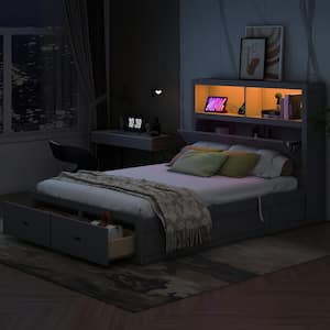 Gray Wood Frame Queen Platform Bed with Side-Tilt Hydraulic Storage, Storage LED Headboard, USB Charging, 2 Drawers