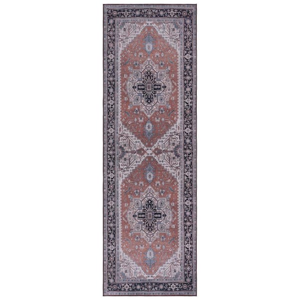 SAFAVIEH Tucson Rust/Navy 3 ft. x 8 ft. Machine Washable Border Floral Medallion Runner Rug