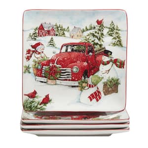 Red Truck Snowman Multi-Colored Dinner Plates Set of 4