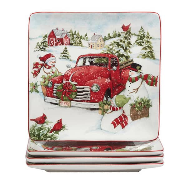 Certified International Red Truck Snowman Multi-Colored Dinner Plates Set of 4