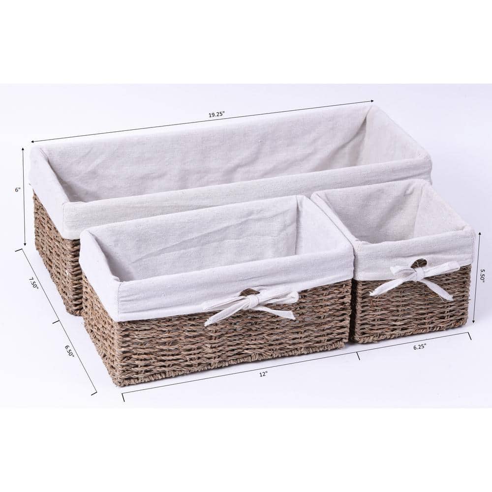 Seagrass Rectangular Storage Baskets with White Lining, Set of 3