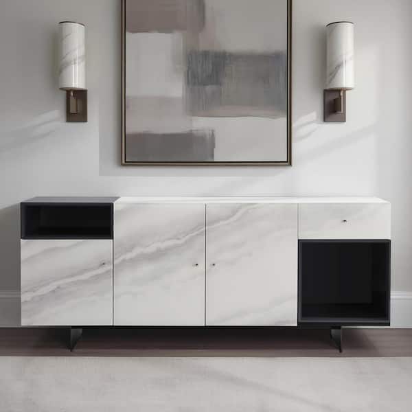 Armen living Olivia Modern White Marble-Effect Tempered Glass and Wood 71 in. 3-Door Sideboard with Black Open Shelves