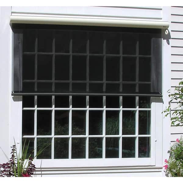 Bali Essentials Charcoal Cordless Light Filtering Motorized Vinyl Horizontal Exterior Roll-Up Shade 54 in. W x 84 in. L