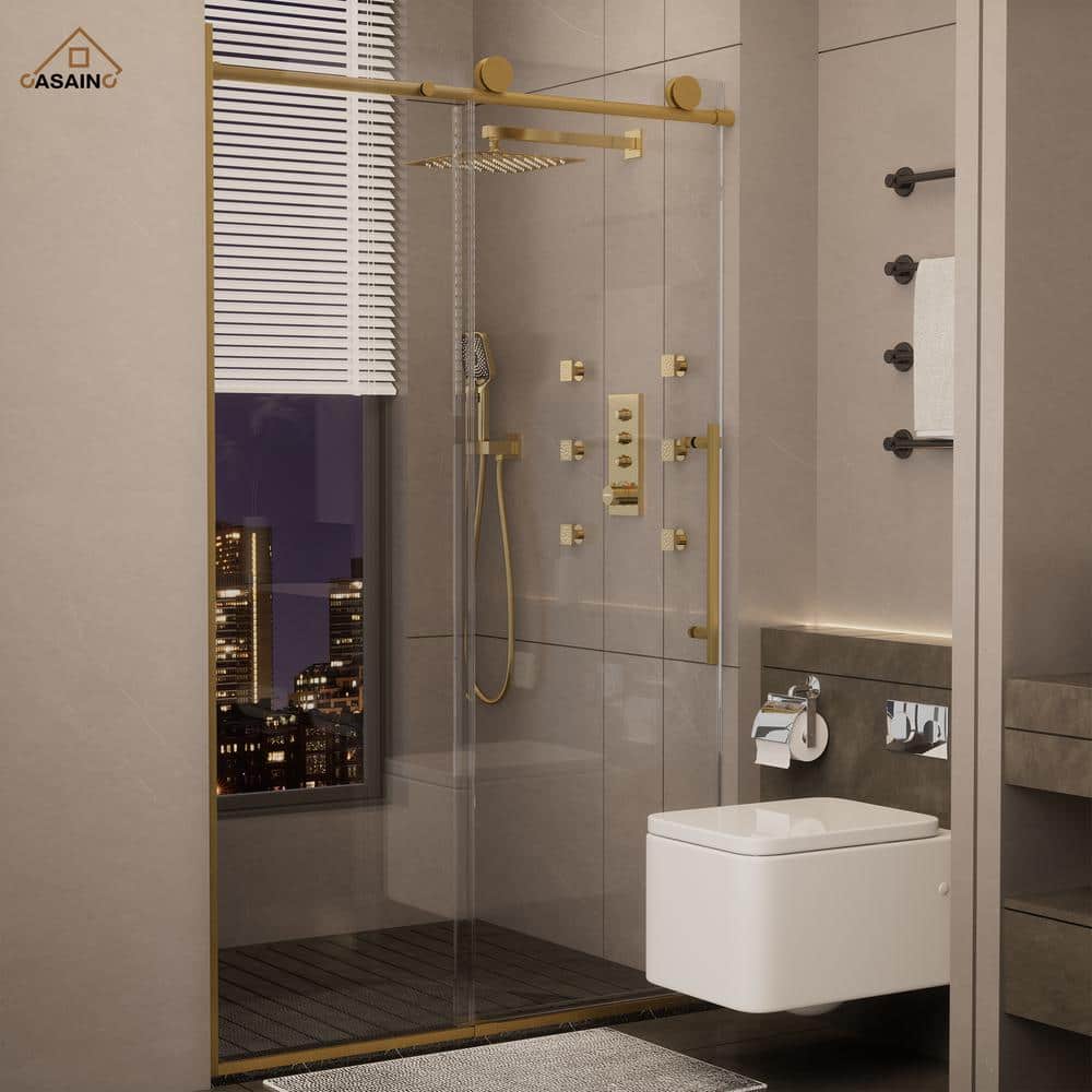 Brushed Gold Frameless Sliding Shower Door with Clear Tempered Glass, 48" x 76"