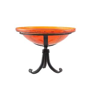 12.5 in. Dia Mandarin Orange Reflective Crackle Glass Birdbath Bowl with Tripod Stand