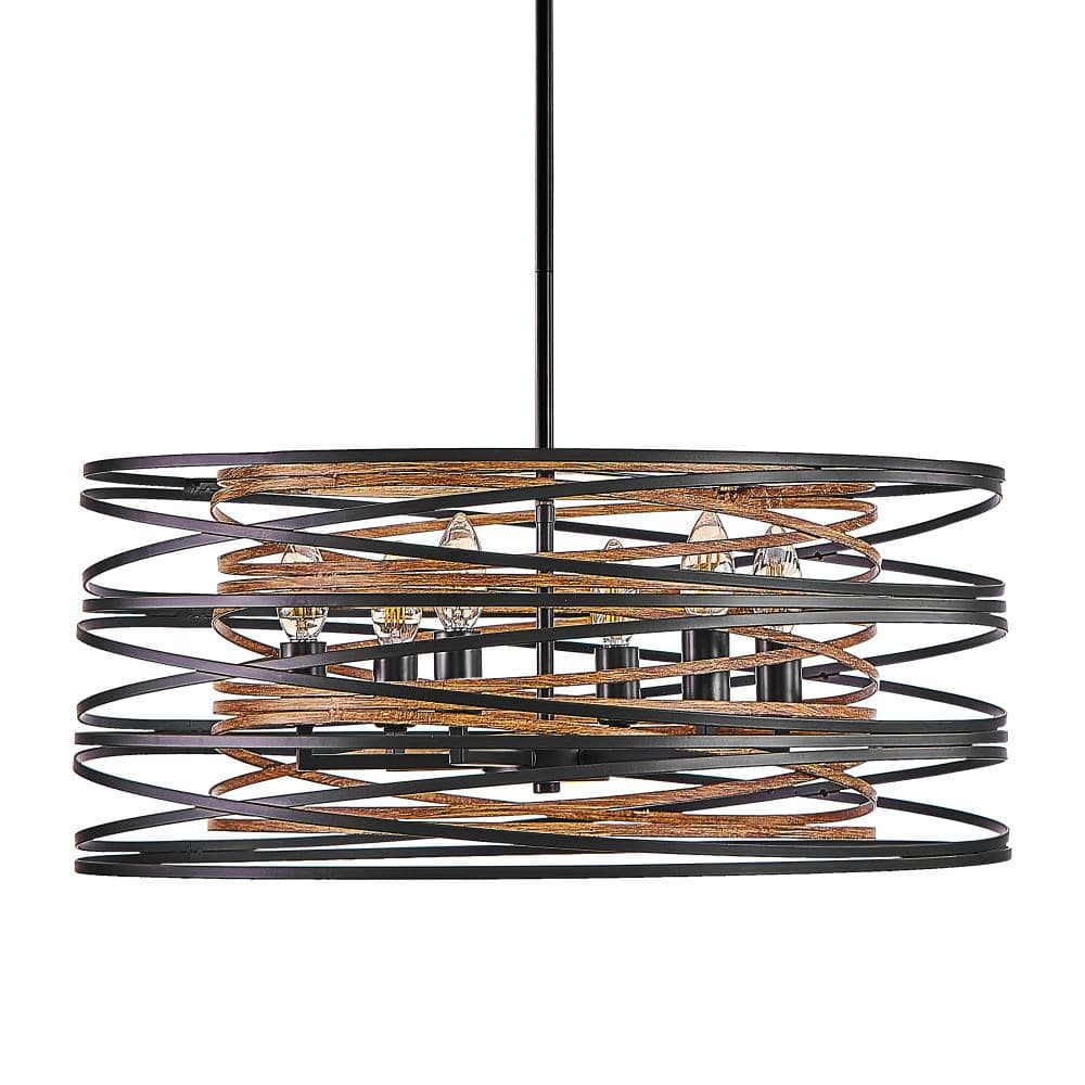 "24"" 6-Light Black & Walnut Rustic Chandelier Farmhouse Industrial Metal Cage Pendant Light Fixture with Adjustable Rods" price history on PriceWatchPro