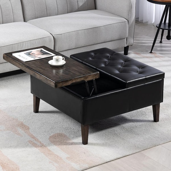 JEAREY Black Faux Leather and Solid Wood Duplex Tufted Upholstered Lift-Top Ottoman Bench with Large Square Storage