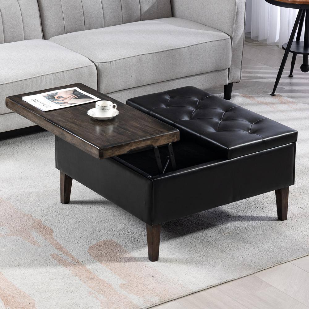 - Lift-Top Square JEAREY Faux Storage and Leather Duplex Upholstered Bench Black Home Ottoman Large The Tufted Wood with Solid Depot E91GJD-HD-BK
