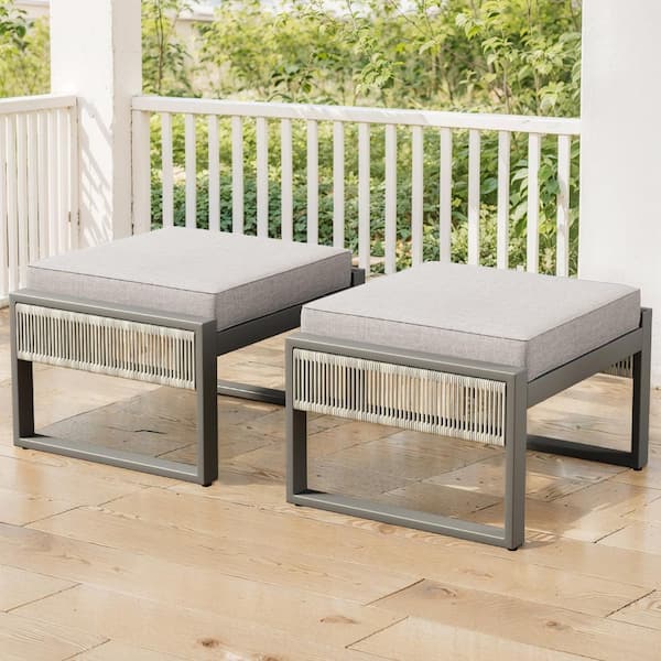 moosprr Modern Industrial Light Beige Wicker Outdoor Ottoman with Olefin Light Gray Cushions (2-Pack)