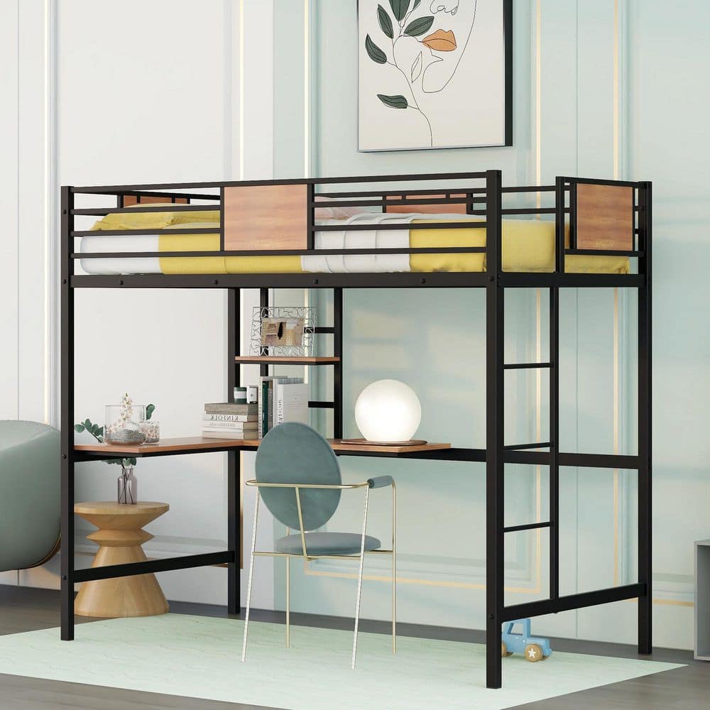 GOJANE Black Twin Metal Loft Bed With Desk And Shelve MF292037LWYAAB ...