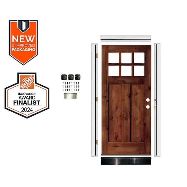 36in.x80in. Alder LH 6-Lite Clear Glass RedChestnut Stain Wood AssemblyRequired Front Door Kit w/QuickAssembleJamb