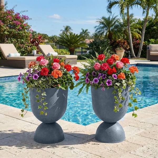 Dovelina Large 15.7 in. D Light Gray Plastic All-Weather Pedestal Planter  Set Stone Texture (2-Pack) HD0104-HP030510