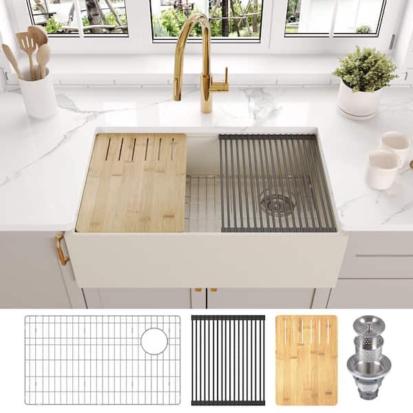 DEERVALLEY Grit Yellow 30 in. Farmhouse Apron Front Single Bowl Concrete Workstation Kitchen Sink with Accessories