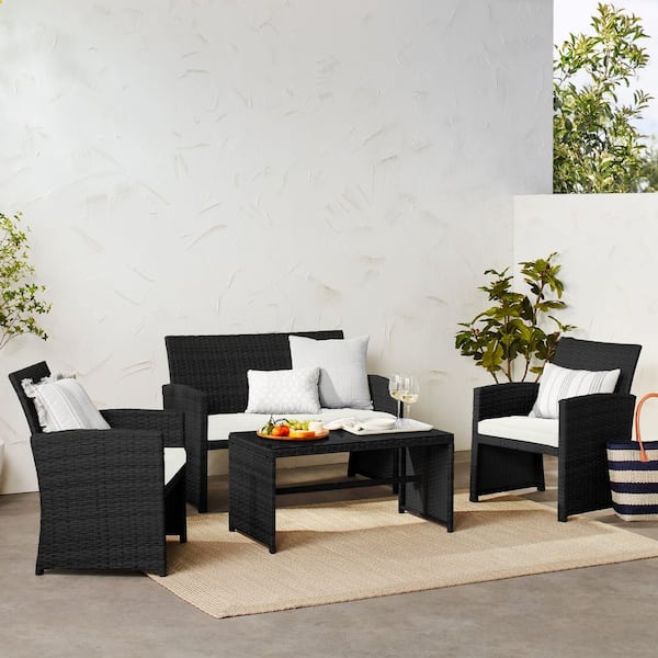 Black 4-Piece Wicker Patio Conversation Set with White Sand Cushions, 4-Seats, Tempered Glass Table Top