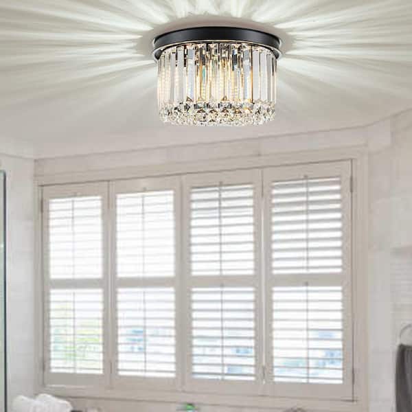 11.8 In. 4-Light Black Finish Drum Style Flush Mount with Crystal Accents and No Bulbs Included