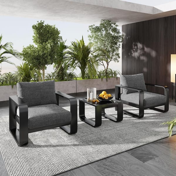 Harper & Bright Designs High End 3-Piece Black Aluminum Patio Conversation Set with Thick Gray Olefin Cushions