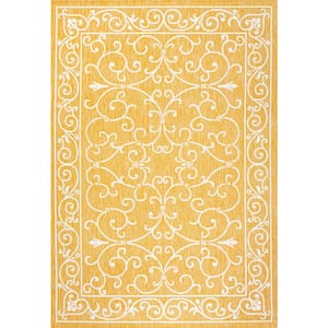 Charleston Vintage Filigree Textured Weave Yellow/Cream 3 ft. x 5 ft. Indoor/Outdoor Area Rug