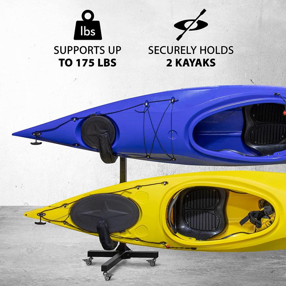 Heavy Duty Black Steel Freestanding 2-Kayak Storage Rack with Wheels