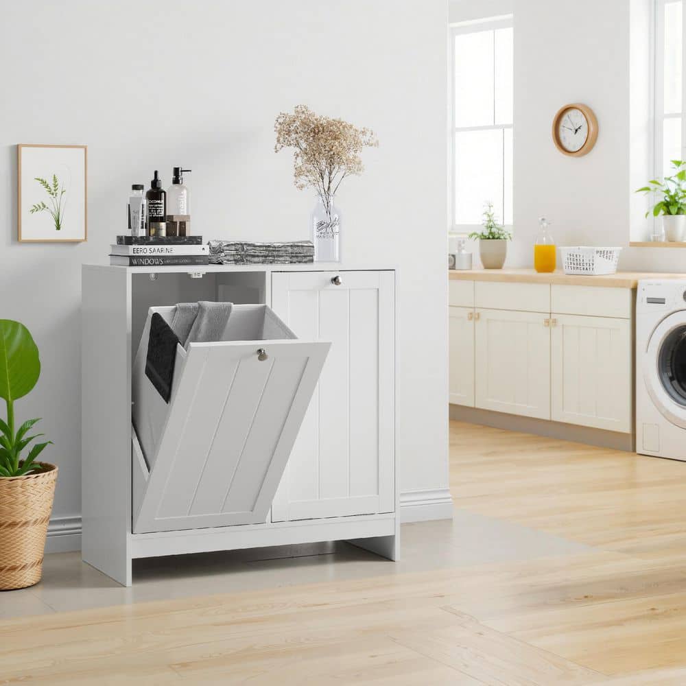 White 26.8 in. H MDF Tilt Out Modern Rectangle Coastal Minimalist Rectangular Freestanding, Hidden Laundry Room Hamper