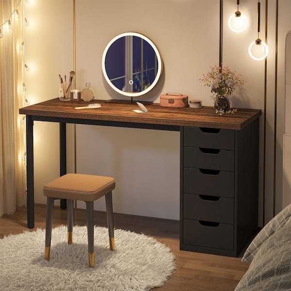 BYBLIGHT Helotes 47 in. Rustic Brown and Black Makeup Vanity Desk with 5 Drawers Chic Makeup Desk for Women Girls Only Desk BB RY0146YF VD