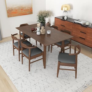 Alister 7-Piece Rectangular Walnut Solid Wood Top Dining Set with 6 Fabric Kathy Dining Chairs in Grey
