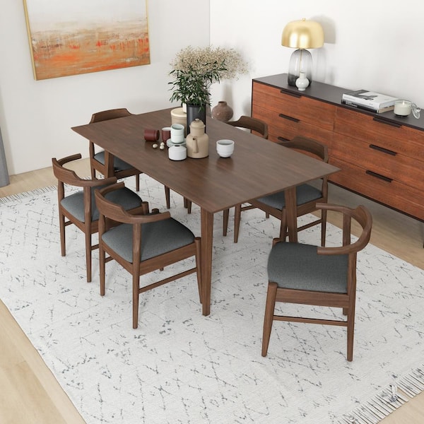 Ashcroft Furniture Co Alister 7-Piece Rectangular Walnut Solid Wood Top Dining Set with 6 Fabric Kathy Dining Chairs in Grey