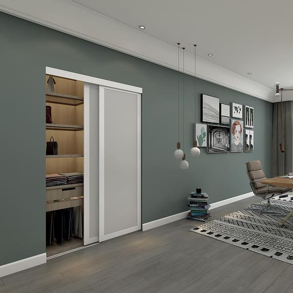 48 in. x 80.5 in. 1-Lite Indoor Studio MDF Wood White Frame with Frosted Glass Interior Sliding Closet Door