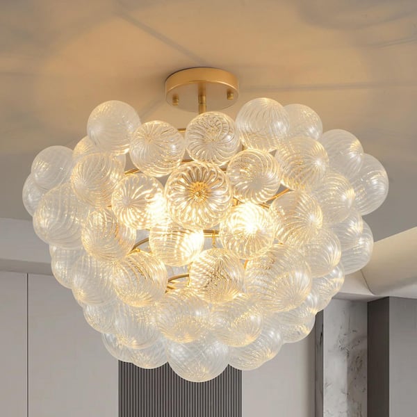24 in. 3-Light Gold Chandelier with Orb Cluster Bubble Ribbed Glass Chandelier for Living Room