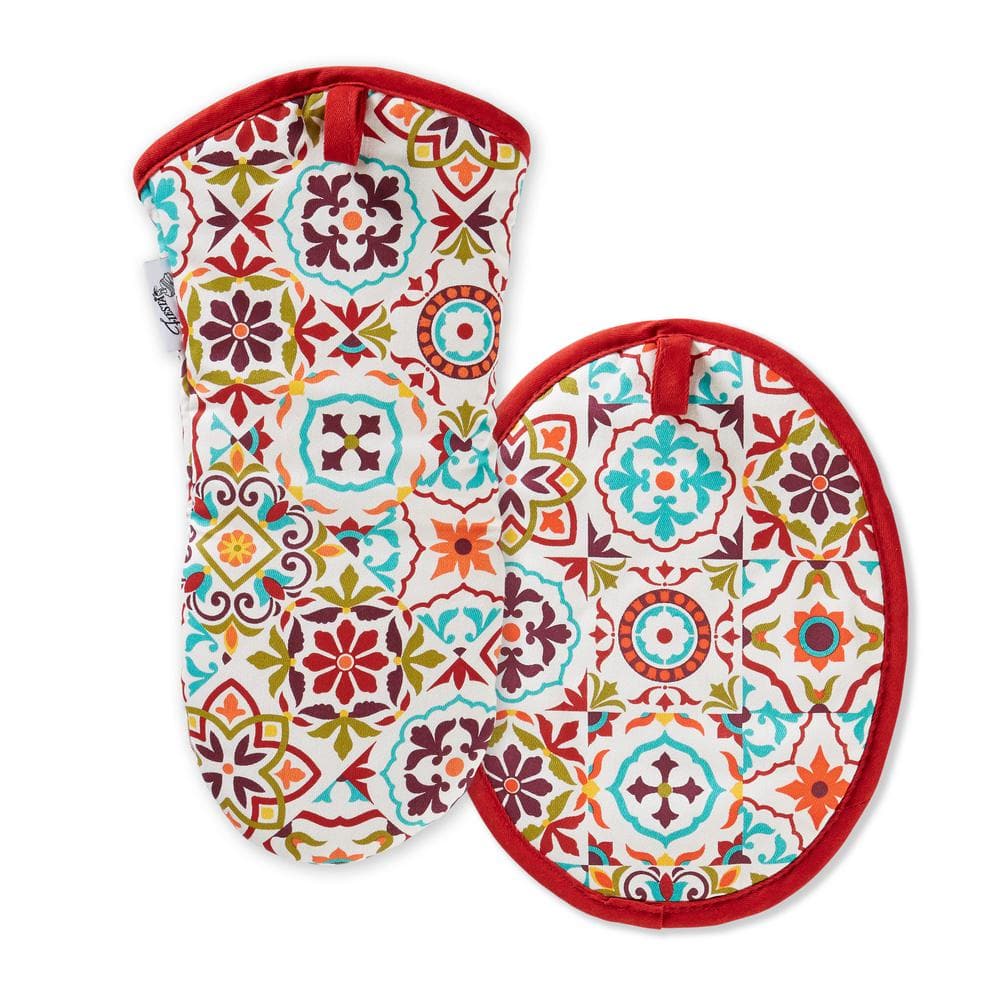 Fiesta Red and Multicolor Cotton Oven Mitt and Pot Holder Set