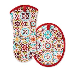 Worn Tiles Cotton Red Multicolor Oven Mitt and Pot Holder Set (2-Pack)