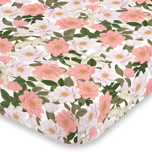 Floral Pink Green and Ivory Super Soft Mini Polyester Crib Sheet