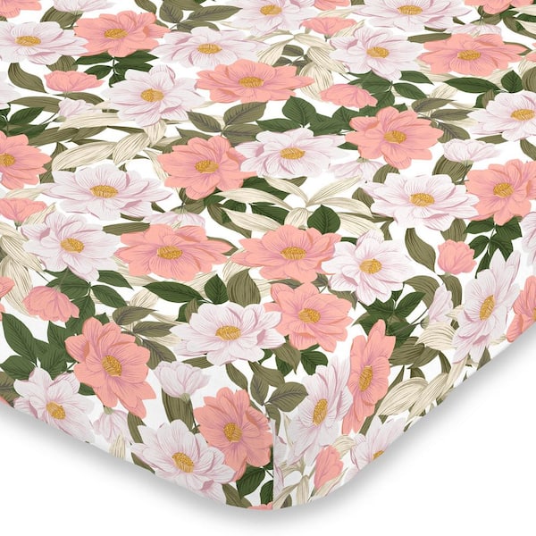 NoJo Floral Pink Green and Ivory Super Soft Mini Polyester Crib Sheet