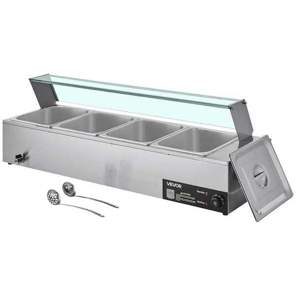 Commercial Food Warmer, 1500-Watt Electric Stainless Steel Steam Warmer w/ Glass Lid 4-Pan Countertop Buffet Bain Marie