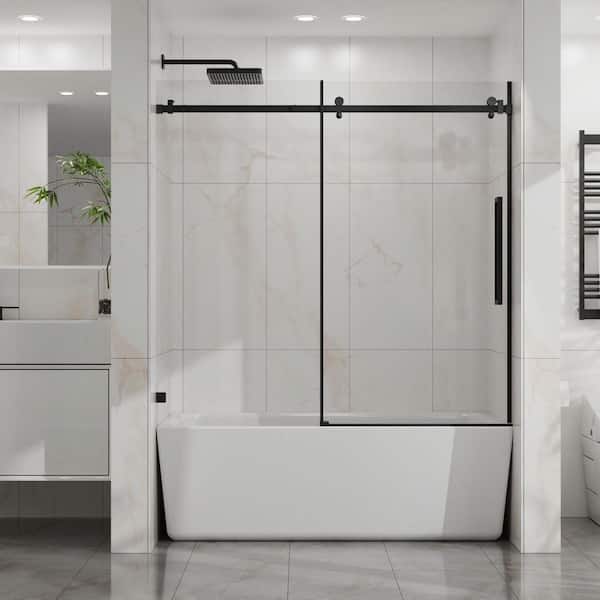 60 in. W x 58 in. H Sliding Tub Door in Matte Black with Clear Glass with Easy-Clean Coating Reversible Installation