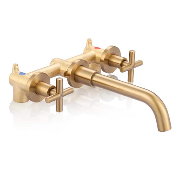Brass 8" Double Handle Wall Mounted Bathroom Faucet with Brass Rough-in Valve, 2-Aerators and Flange in Gold