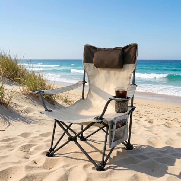 Beige Ergonomic Adjustable Folding Camping Chairs with Cup Holder Side Pockets and Carry Bag Heavy Duty Recliner