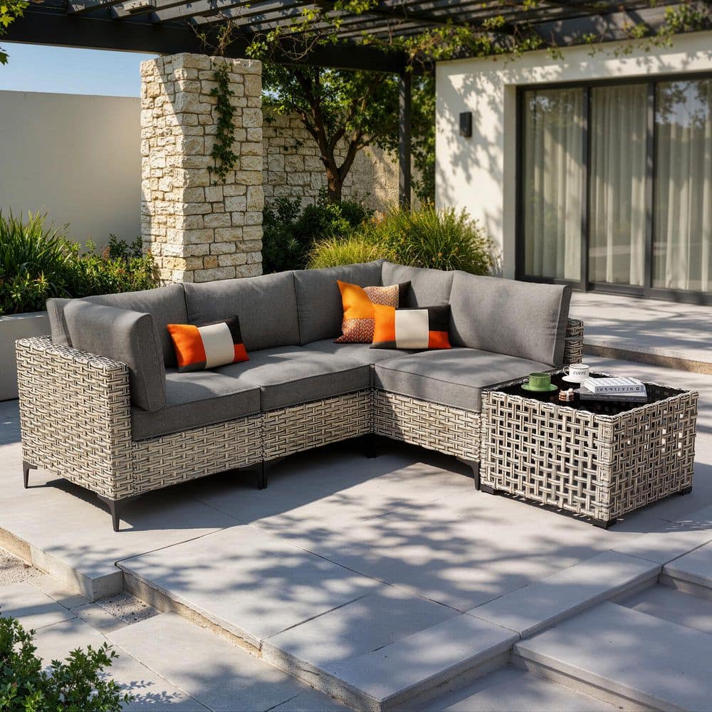 Melly Gray 5-Piece Wicker Patio Conversation Seating Set with Dark Gray Cushions and Solar LED Coffee Table