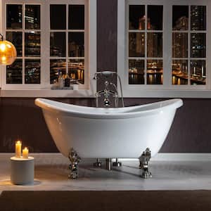 Eurek 59" Heavy Duty Acrylic Double Slipper Clawfoot Bath Tub in White,Claw Feet,Drain and Overflow in Brushed Nickel