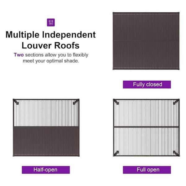 13.1 ft. x 15.1 ft. Bronze Aluminum Outdoor Louvered Pergola with 2-Individual Adjustable Roofs and In-Built Gutter