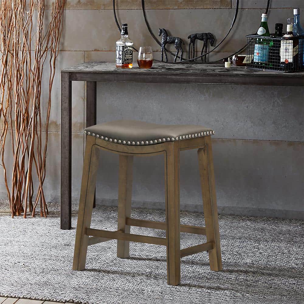 Gray Backless Saddle Style Wood and Leather Counter Stool